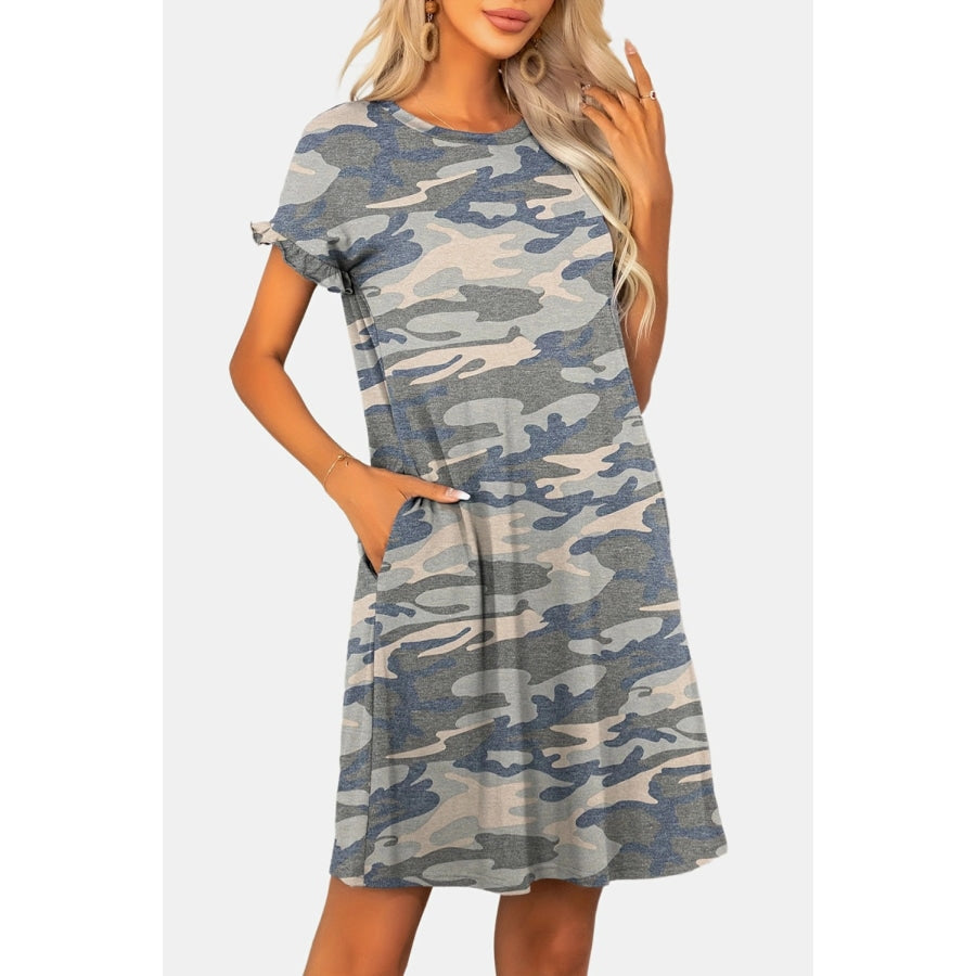 Flounce Sleeve Round Neck Dress with Pockets Green Camouflage / S