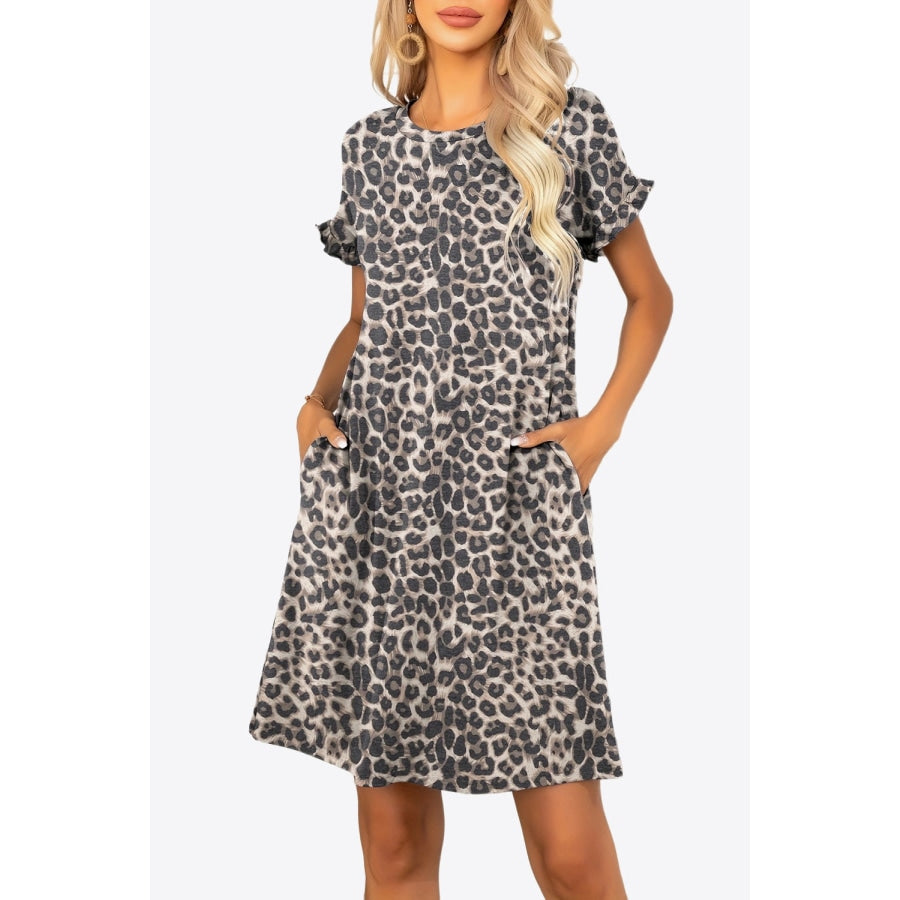 Flounce Sleeve Round Neck Dress with Pockets Leopard / S