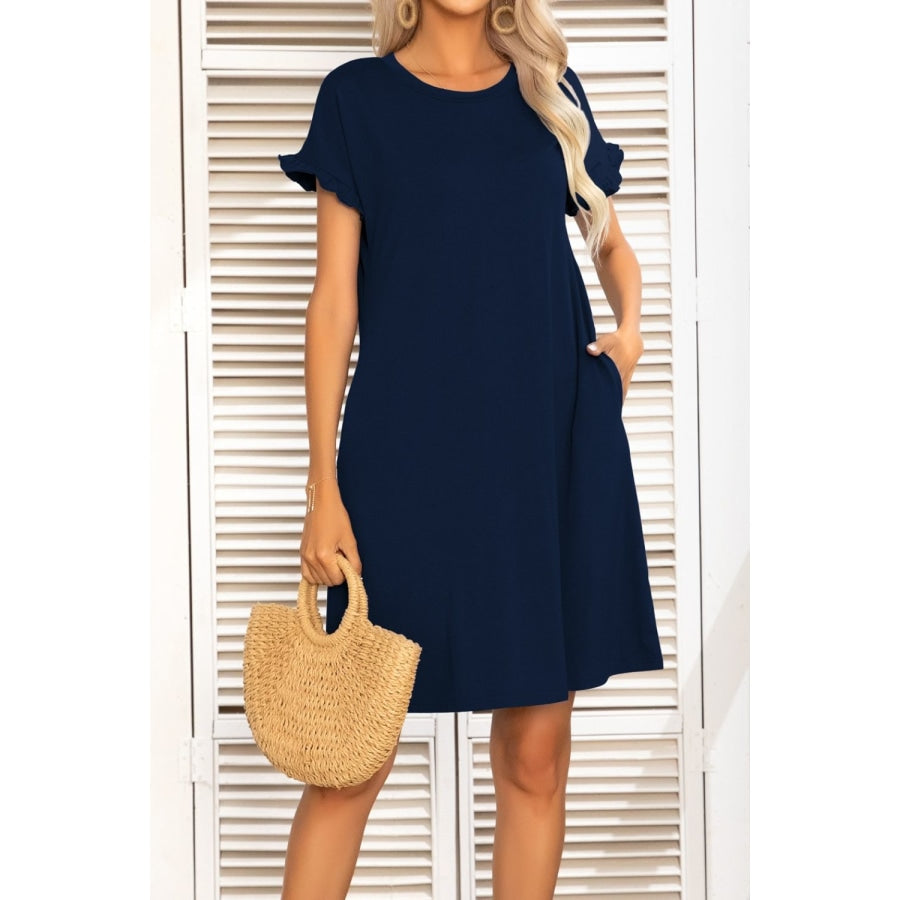 Flounce Sleeve Round Neck Dress with Pockets Navy / S