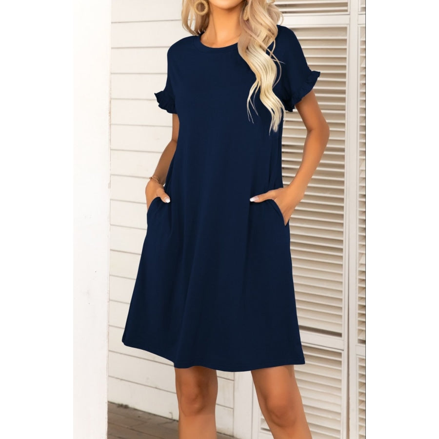 Flounce Sleeve Round Neck Dress with Pockets