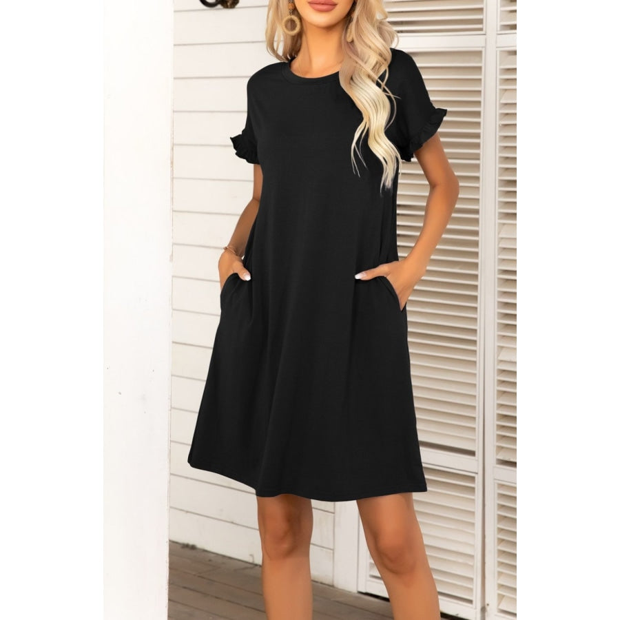 Flounce Sleeve Round Neck Dress with Pockets