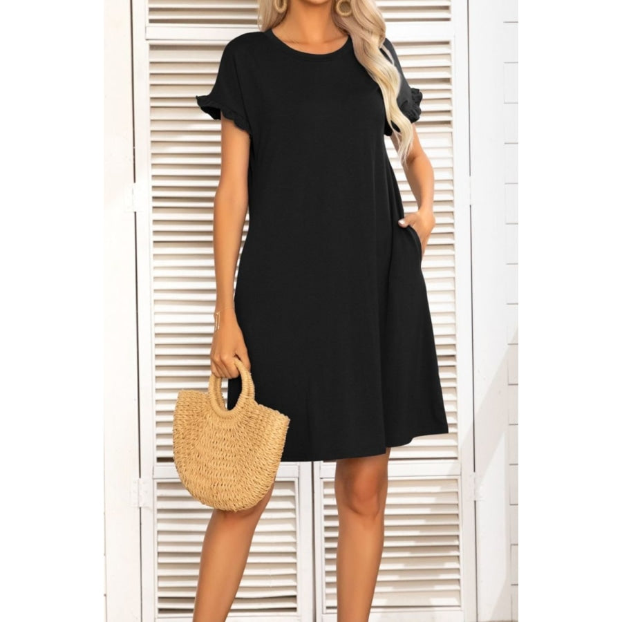 Flounce Sleeve Round Neck Dress with Pockets