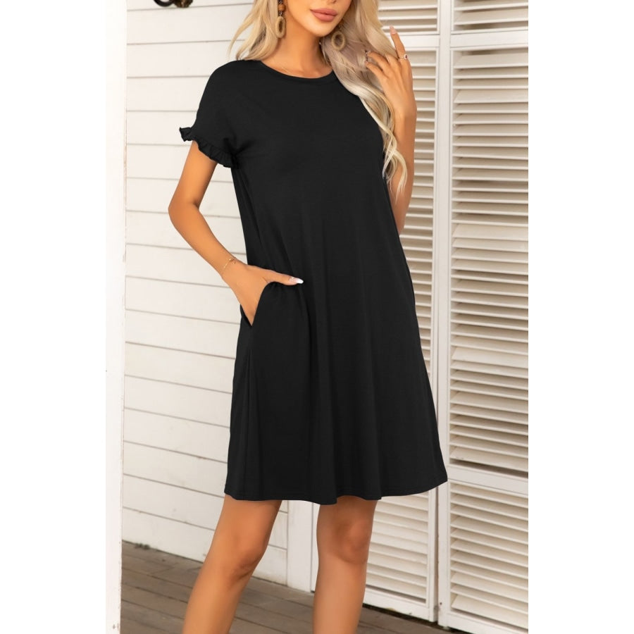 Flounce Sleeve Round Neck Dress with Pockets