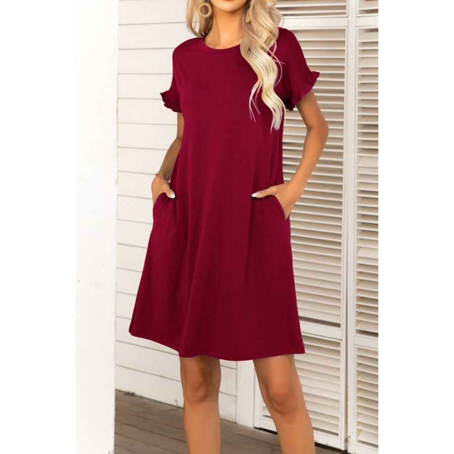 Flounce Sleeve Round Neck Dress with Pockets