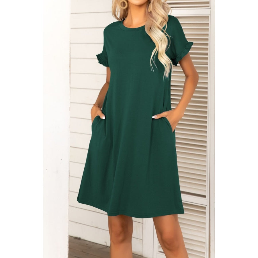 Flounce Sleeve Round Neck Dress with Pockets