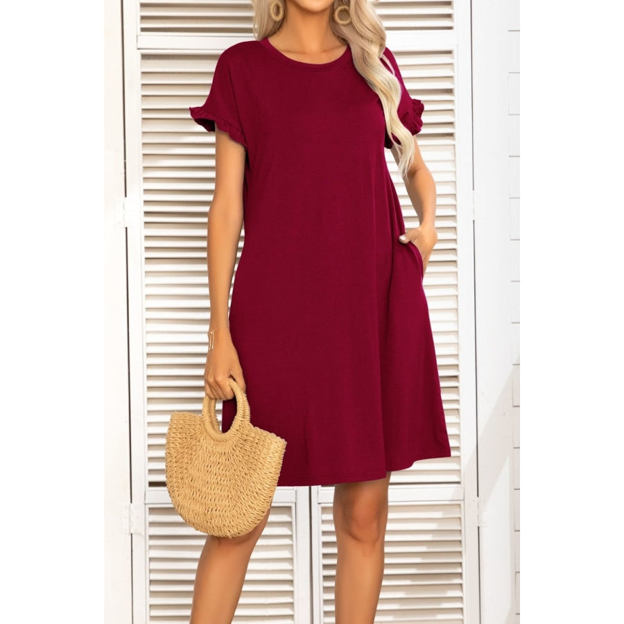 Flounce Sleeve Round Neck Dress with Pockets Wine / S