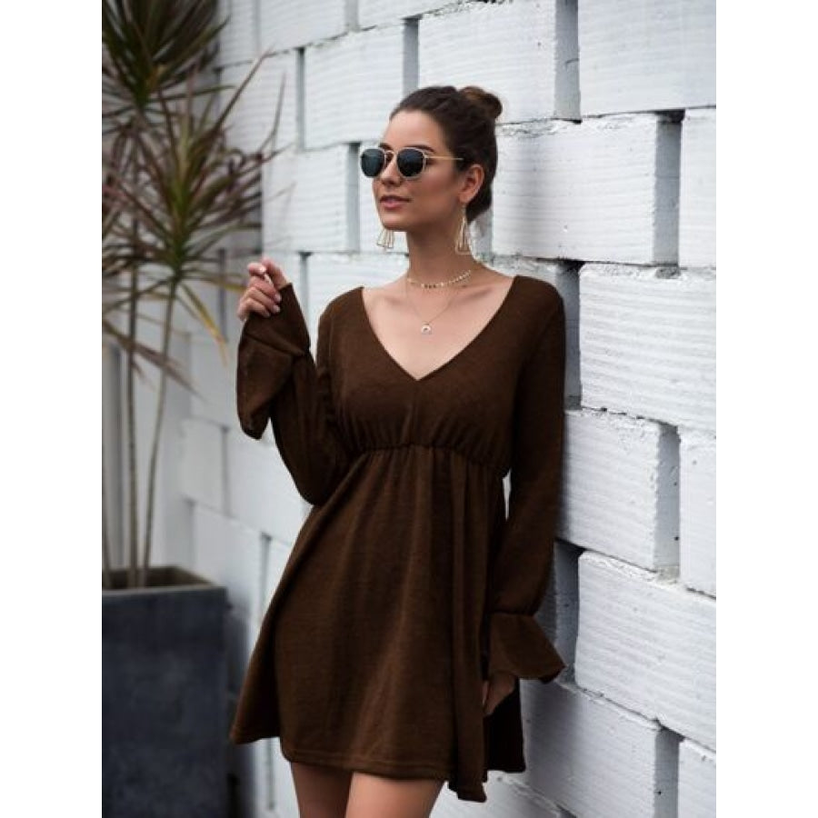 Flounce Sleeve V-Neck Mini Dress Chocolate / S Clothing