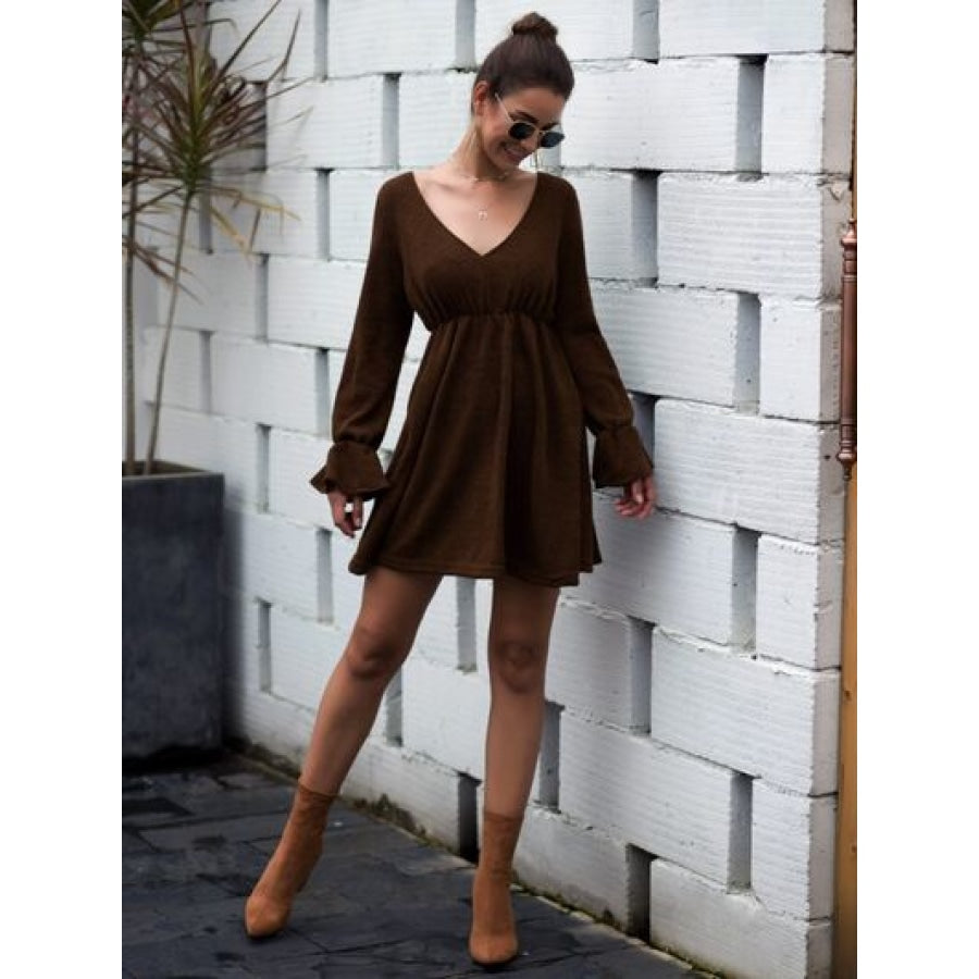 Flounce Sleeve V-Neck Mini Dress Clothing