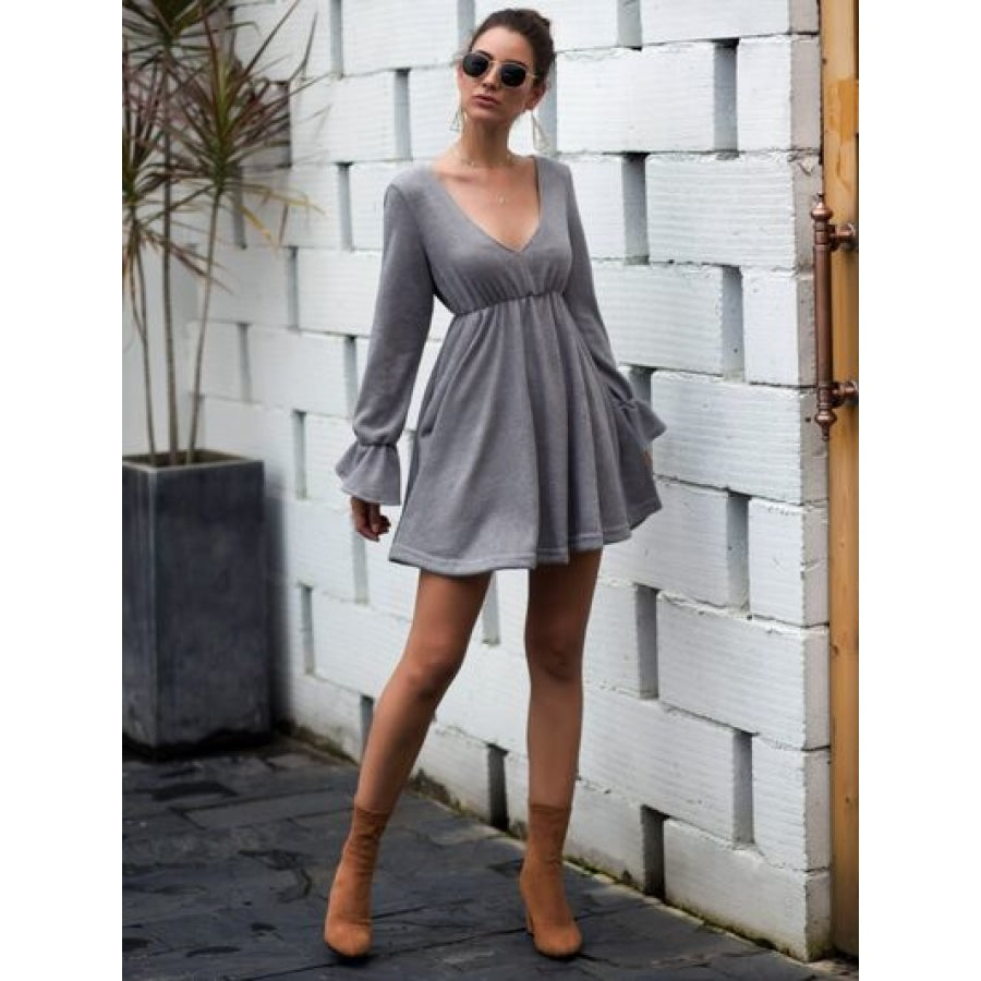 Flounce Sleeve V-Neck Mini Dress Clothing