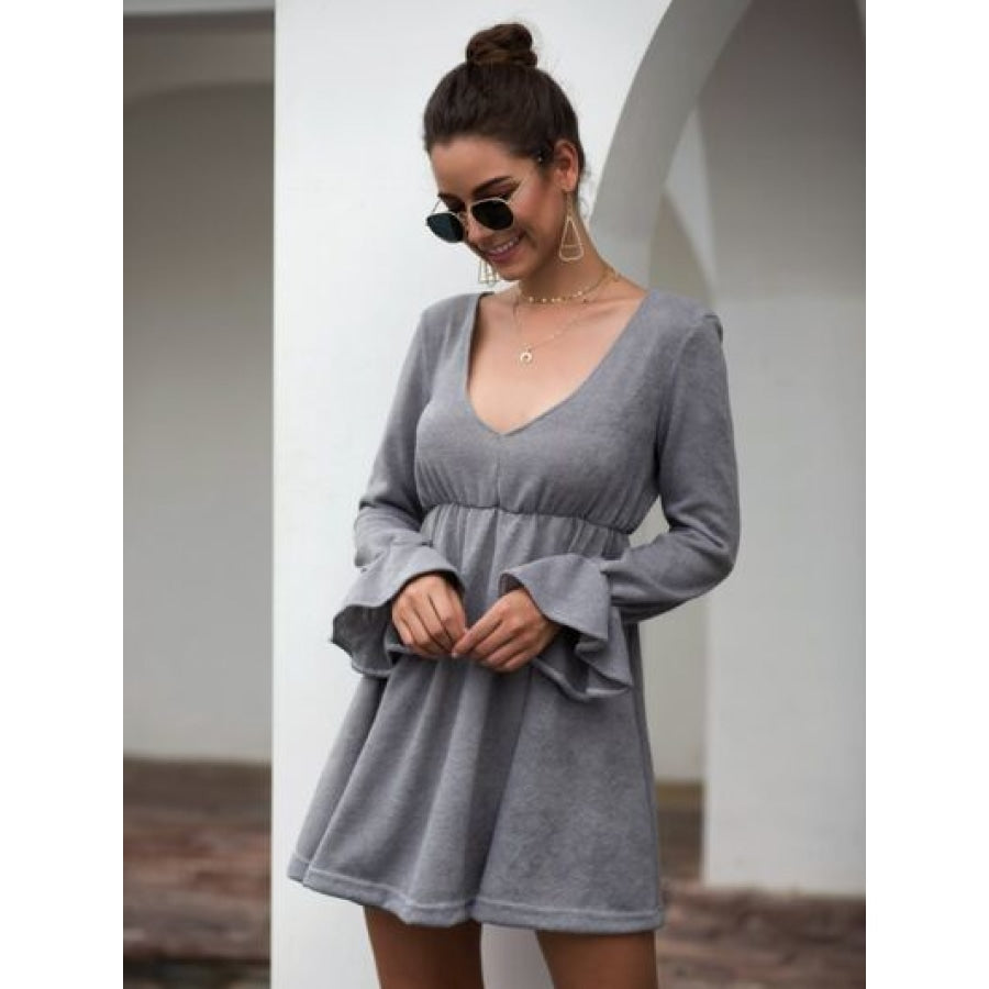 Flounce Sleeve V-Neck Mini Dress Clothing