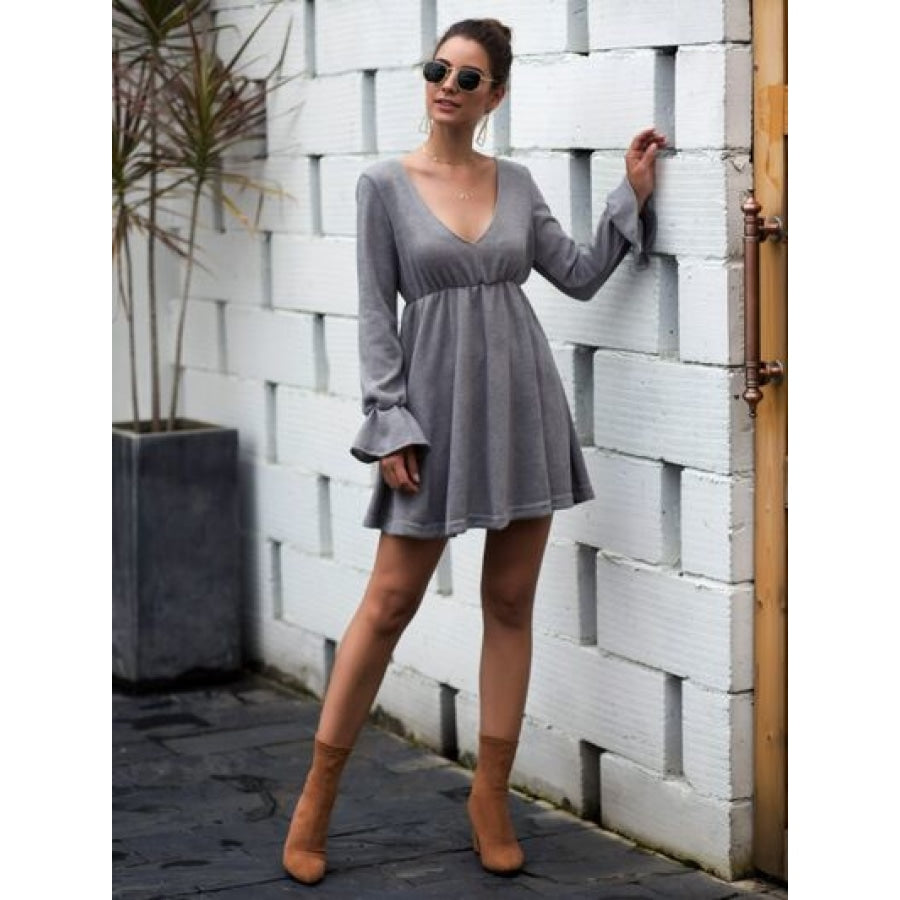 Flounce Sleeve V-Neck Mini Dress Clothing