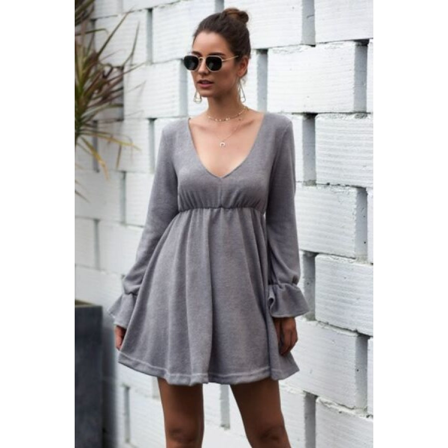 Flounce Sleeve V-Neck Mini Dress Clothing