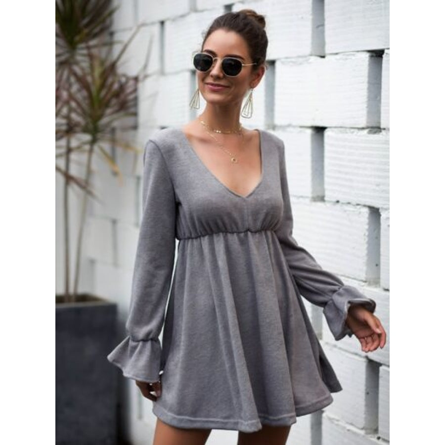 Flounce Sleeve V-Neck Mini Dress Heather Gray / S Clothing