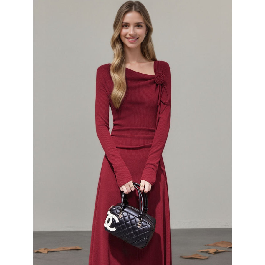 Flower Asymmetrical Neckline Long Sleeve Dress Apparel and Accessories