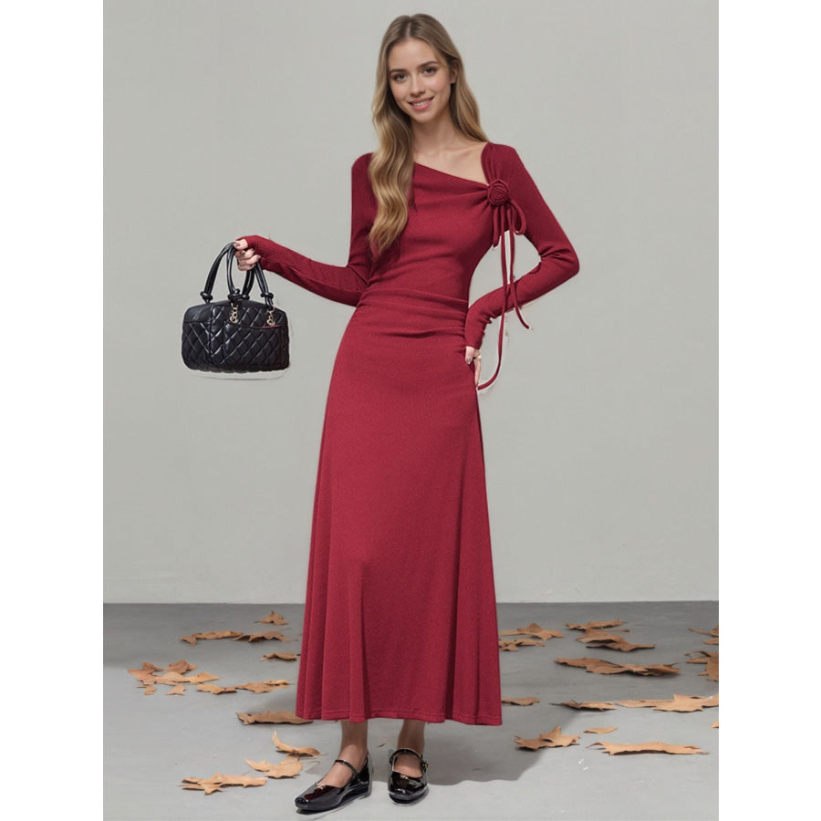Flower Asymmetrical Neckline Long Sleeve Dress Apparel and Accessories