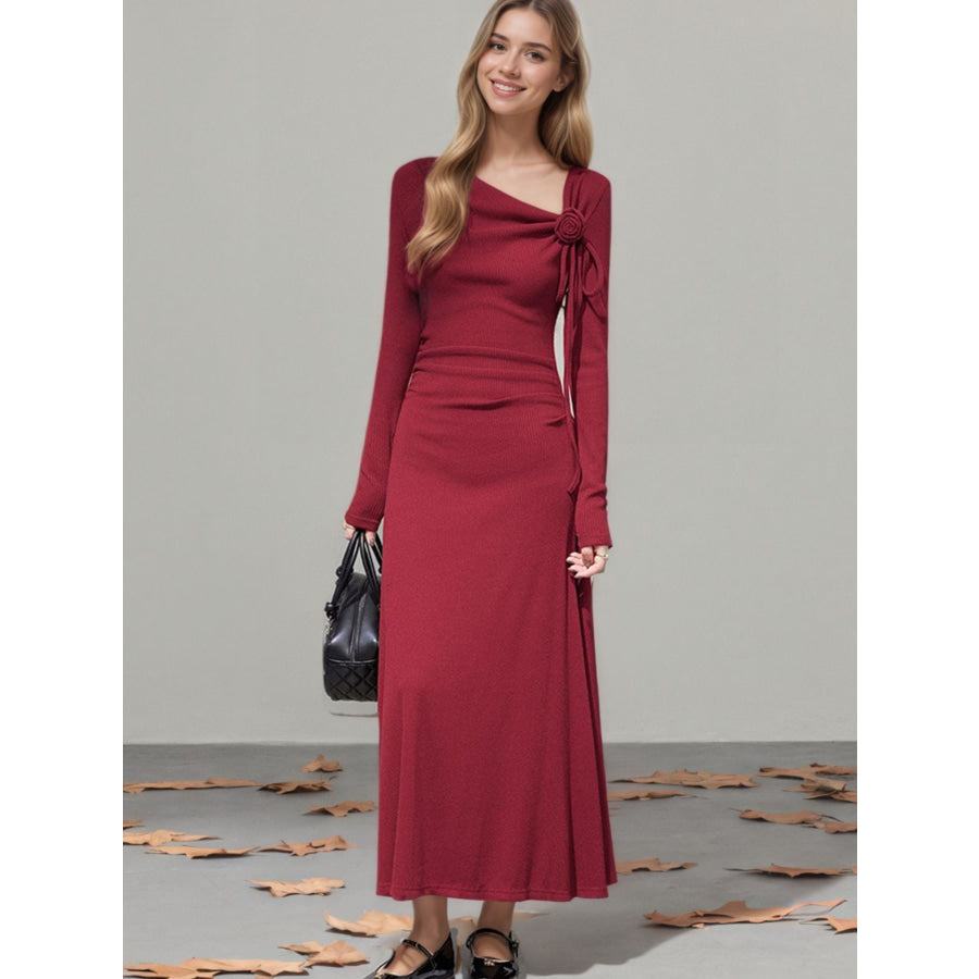 Flower Asymmetrical Neckline Long Sleeve Dress Apparel and Accessories