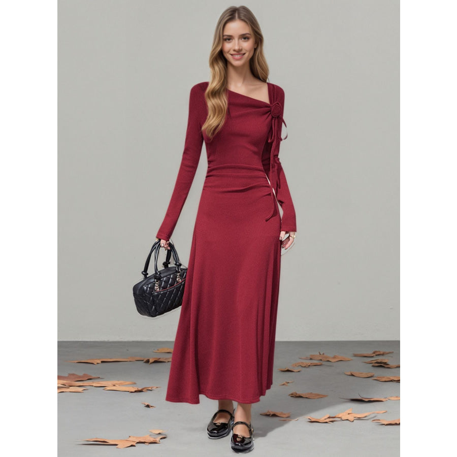 Flower Asymmetrical Neckline Long Sleeve Dress Red / M Apparel and Accessories