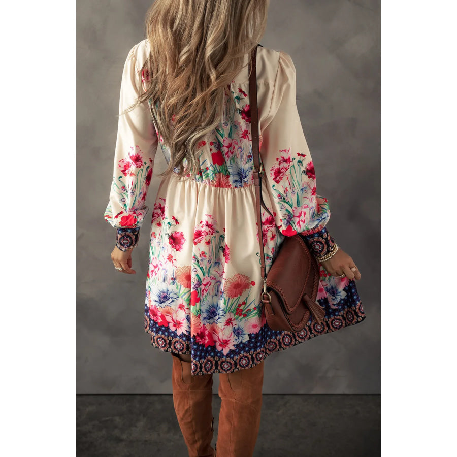 Flower Button Down Lantern Sleeve Dress Apparel and Accessories