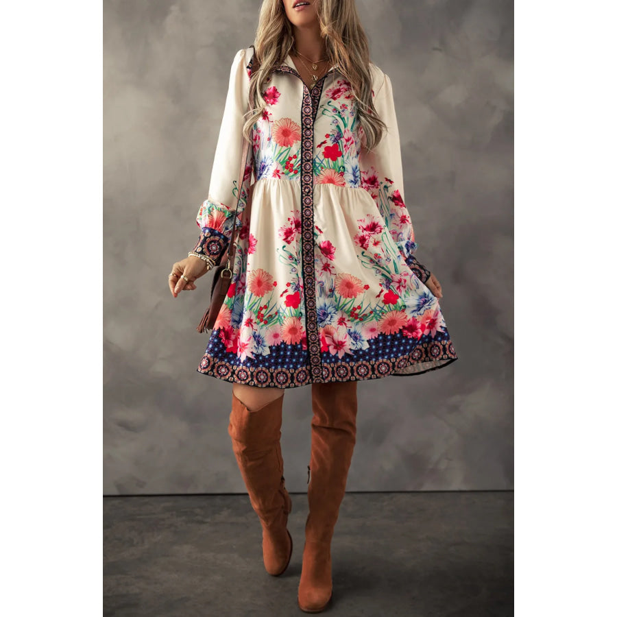 Flower Button Down Lantern Sleeve Dress Apparel and Accessories