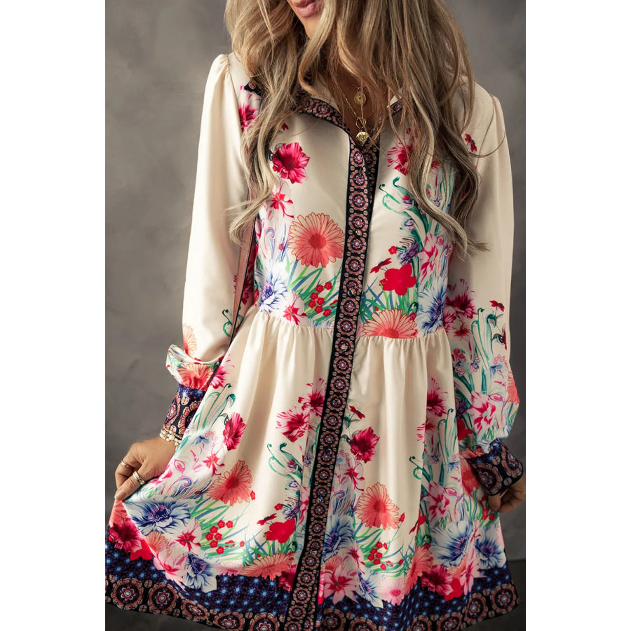 Flower Button Down Lantern Sleeve Dress Ivory / S Apparel and Accessories