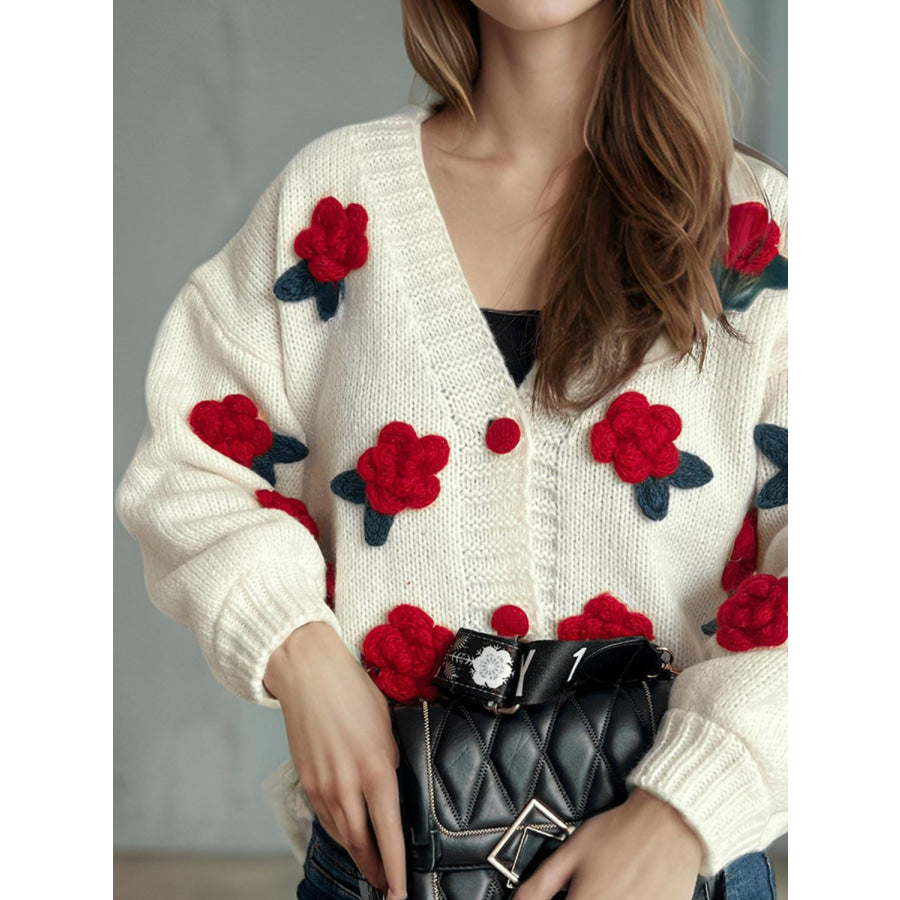 Flower Button Down V-Neck Long Sleeve Cardigan Apparel and Accessories