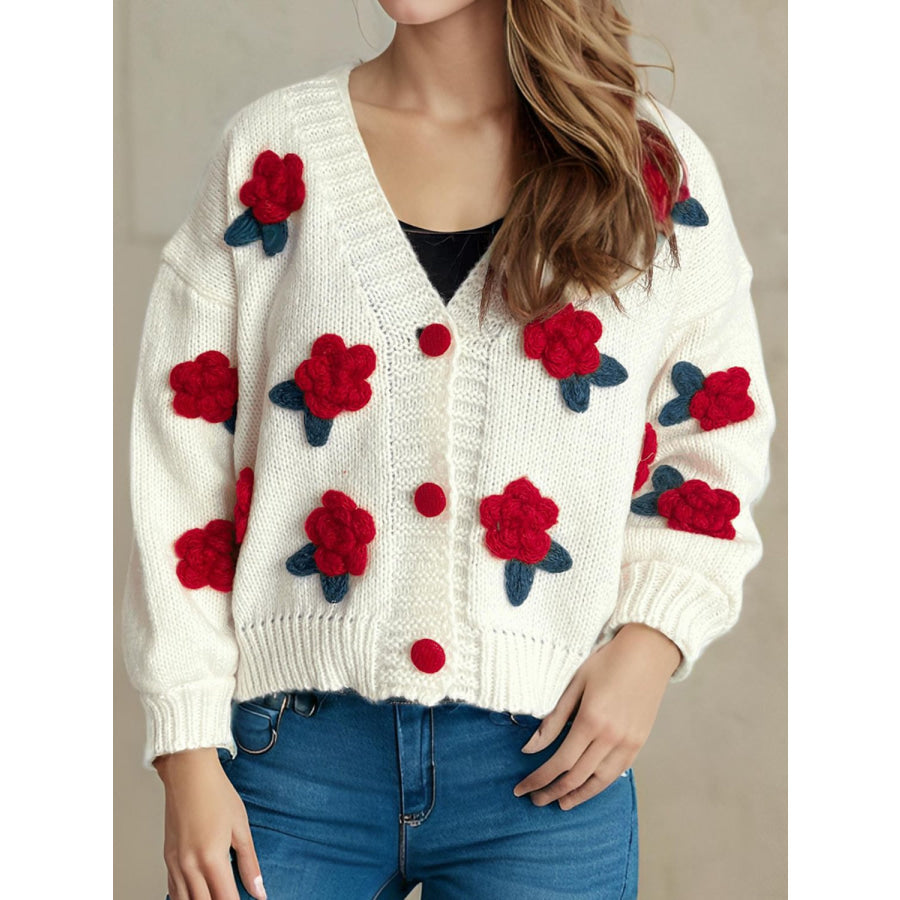 Flower Button Down V-Neck Long Sleeve Cardigan Apparel and Accessories