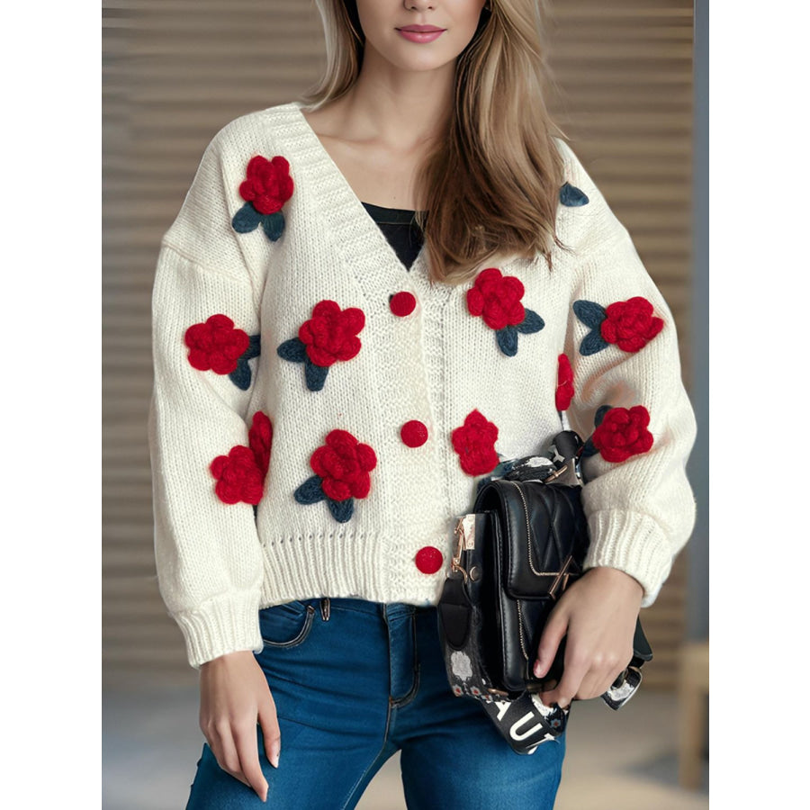 Flower Button Down V-Neck Long Sleeve Cardigan Apparel and Accessories