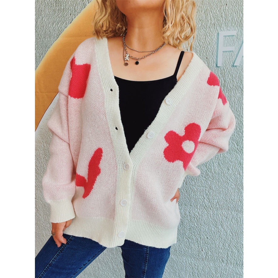 Flower Button Down V-Neck Long Sleeve Cardigan Apparel and Accessories