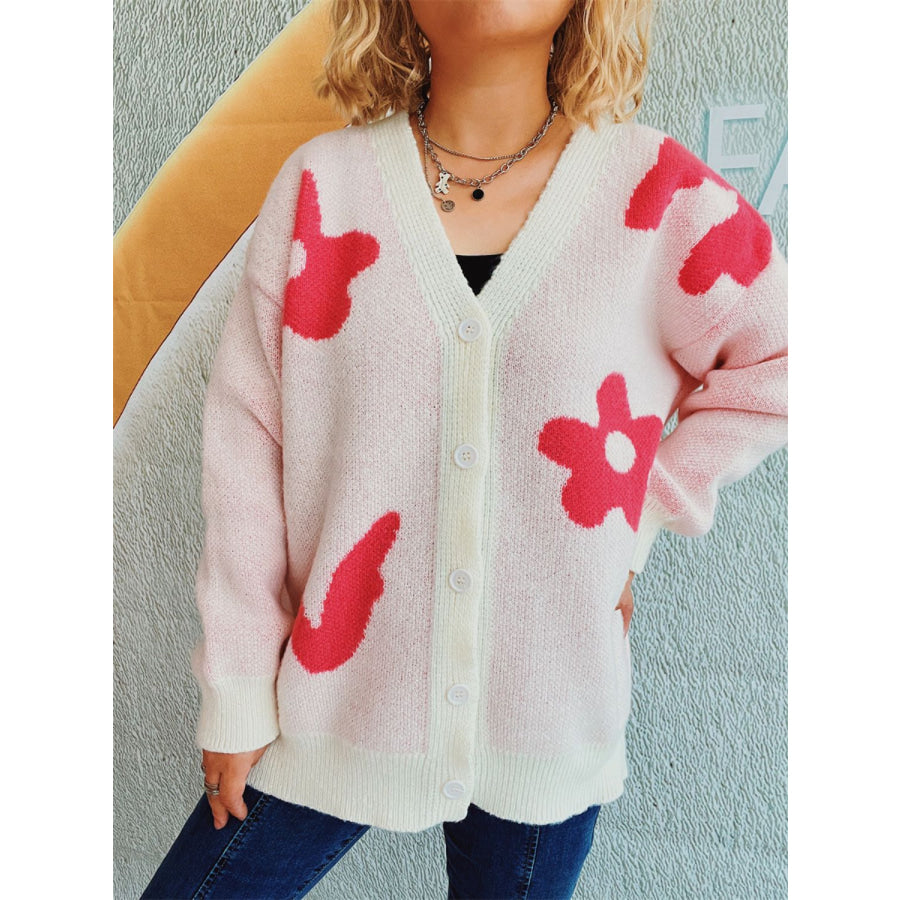 Flower Button Down V-Neck Long Sleeve Cardigan Apparel and Accessories