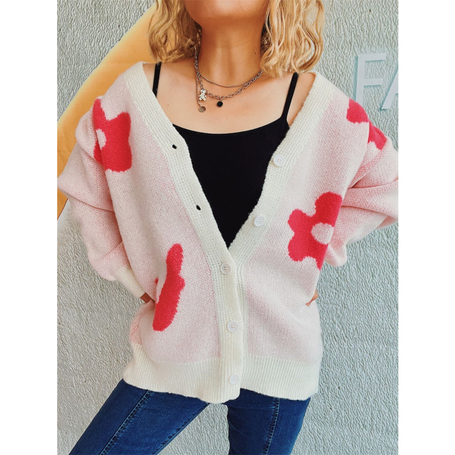 Flower Button Down V-Neck Long Sleeve Cardigan Apparel and Accessories