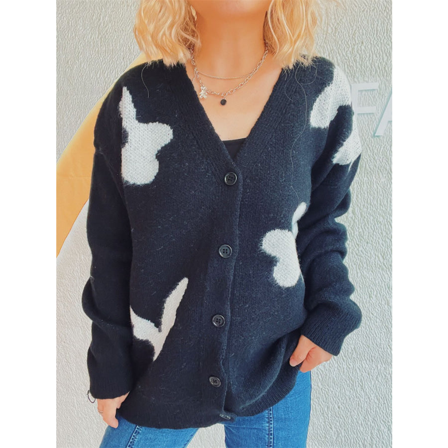 Flower Button Down V-Neck Long Sleeve Cardigan Black / One Size Apparel and Accessories