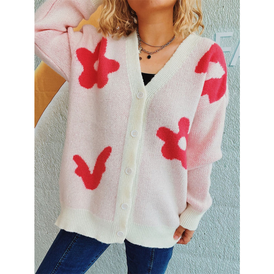 Flower Button Down V-Neck Long Sleeve Cardigan Blush Pink / One Size Apparel and Accessories