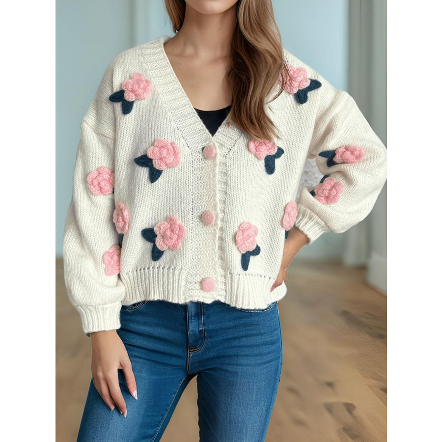 Flower Button Down V-Neck Long Sleeve Cardigan Blush Pink / One Size Apparel and Accessories