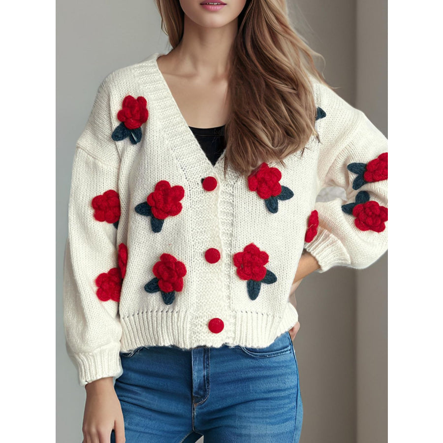 Flower Button Down V-Neck Long Sleeve Cardigan Scarlet / One Size Apparel and Accessories