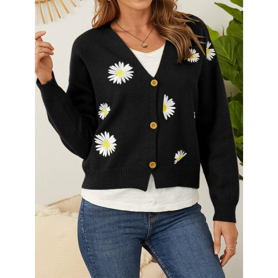 Flower Button Front Dropped Shoulder Cardigan Black / S