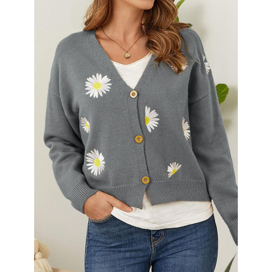 Flower Button Front Dropped Shoulder Cardigan Cloudy Blue / S