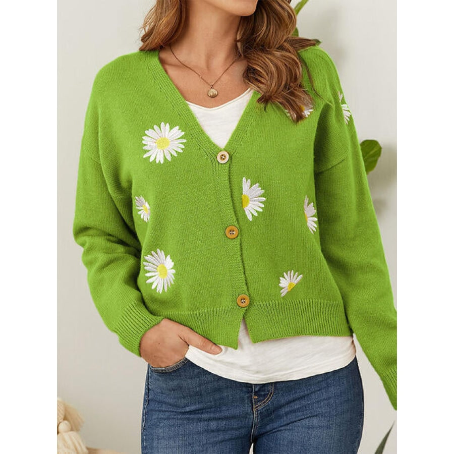 Flower Button Front Dropped Shoulder Cardigan Mid Green / S