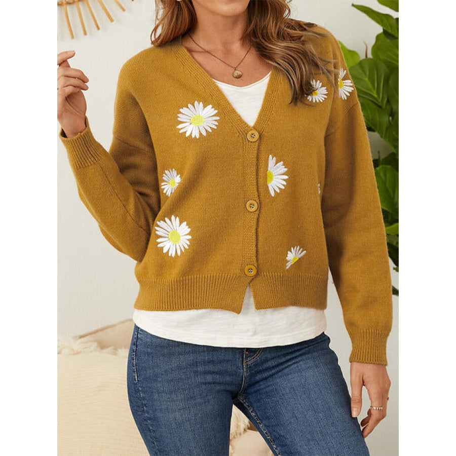 Flower Button Front Dropped Shoulder Cardigan Mustard / S