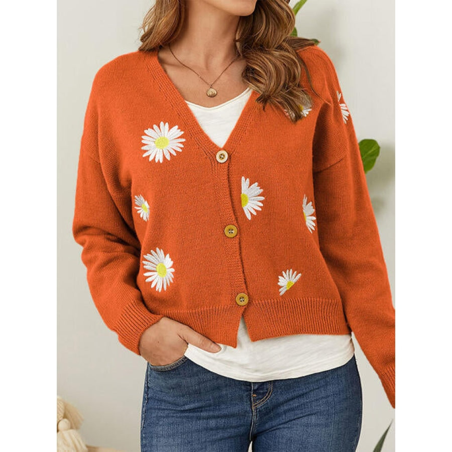 Flower Button Front Dropped Shoulder Cardigan Orange / S