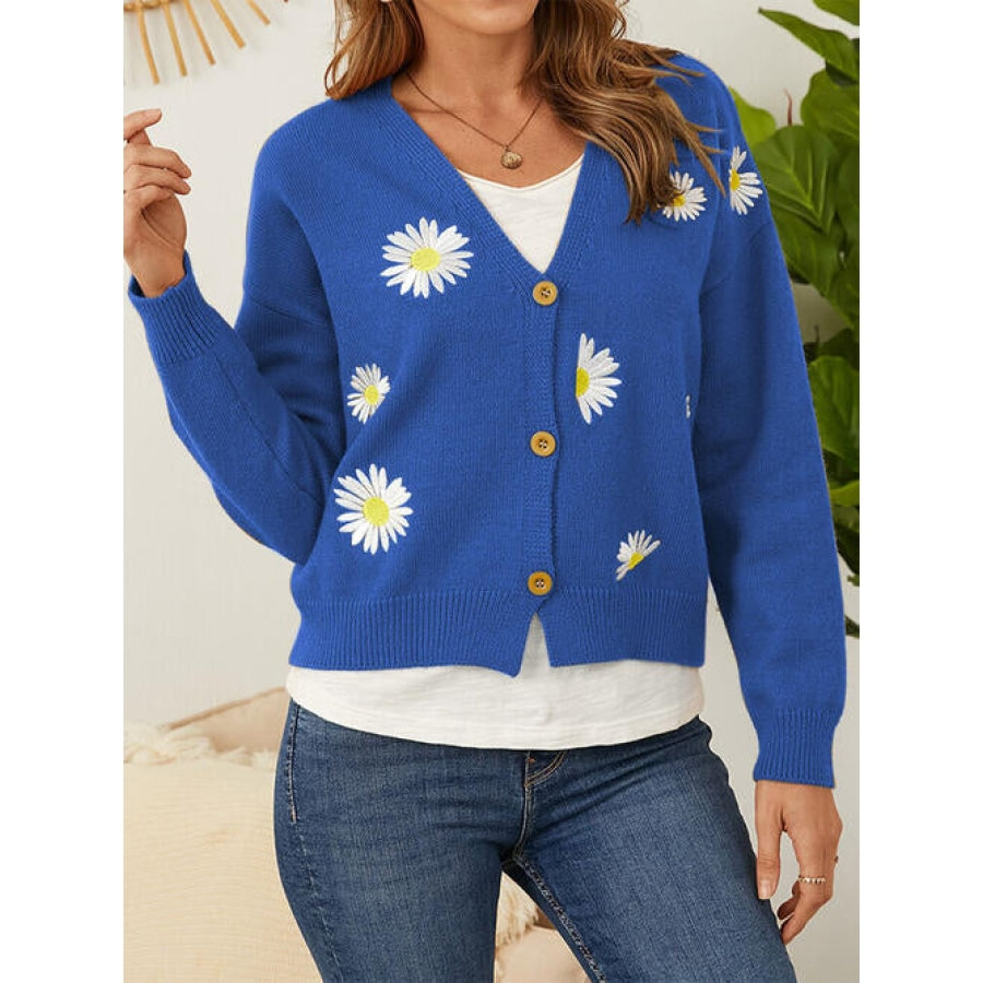 Flower Button Front Dropped Shoulder Cardigan Royal Blue / S