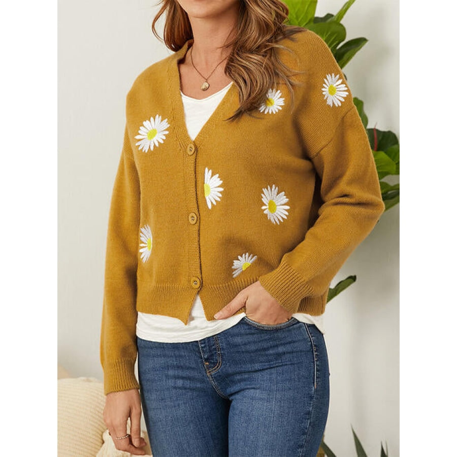 Flower Button Front Dropped Shoulder Cardigan