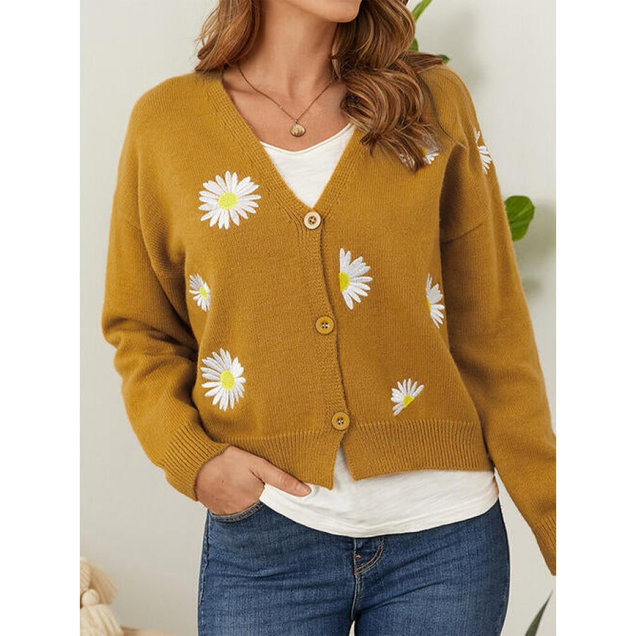 Flower Button Front Dropped Shoulder Cardigan