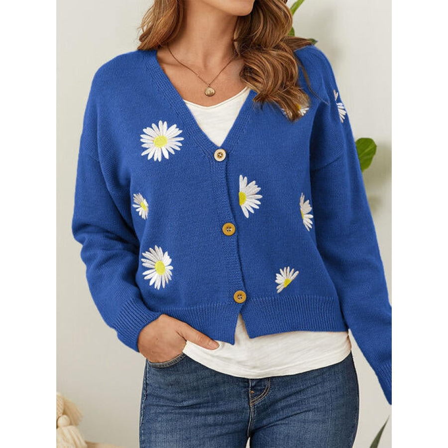 Flower Button Front Dropped Shoulder Cardigan