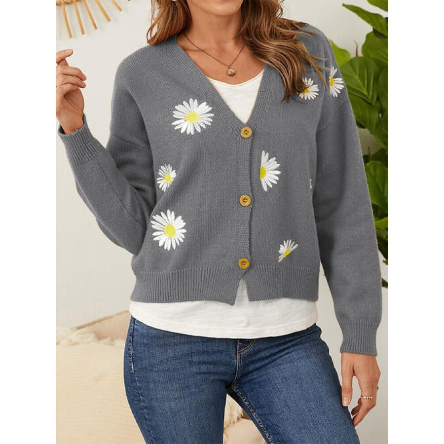 Flower Button Front Dropped Shoulder Cardigan