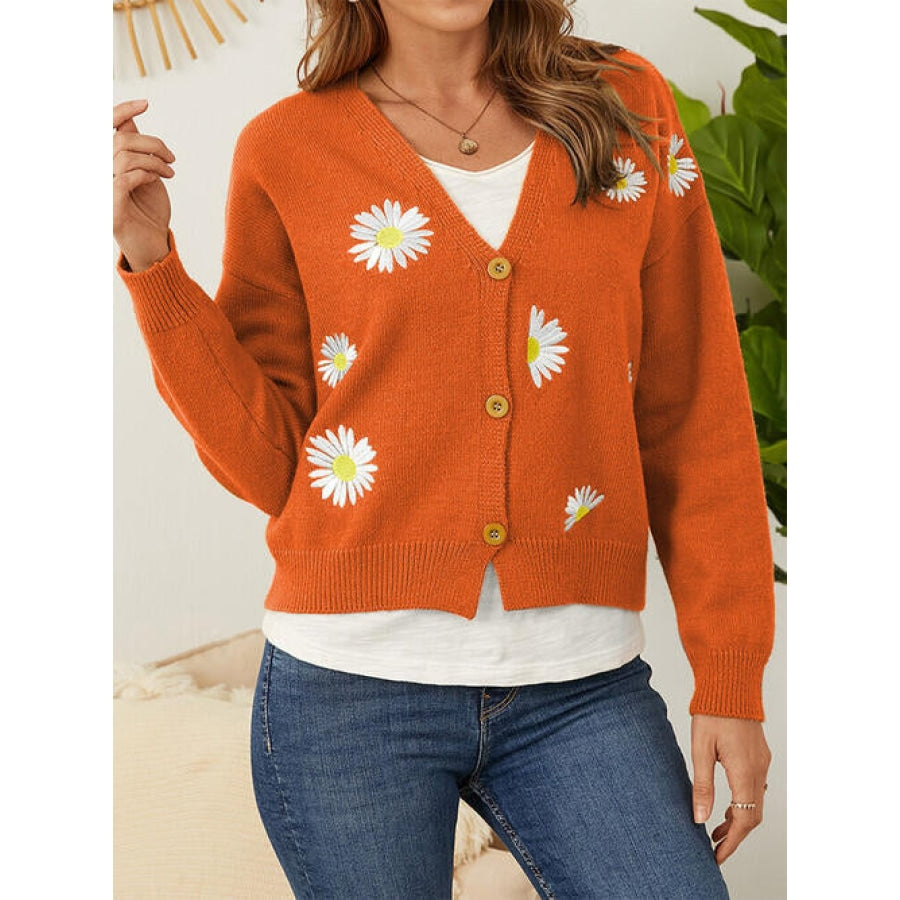 Flower Button Front Dropped Shoulder Cardigan