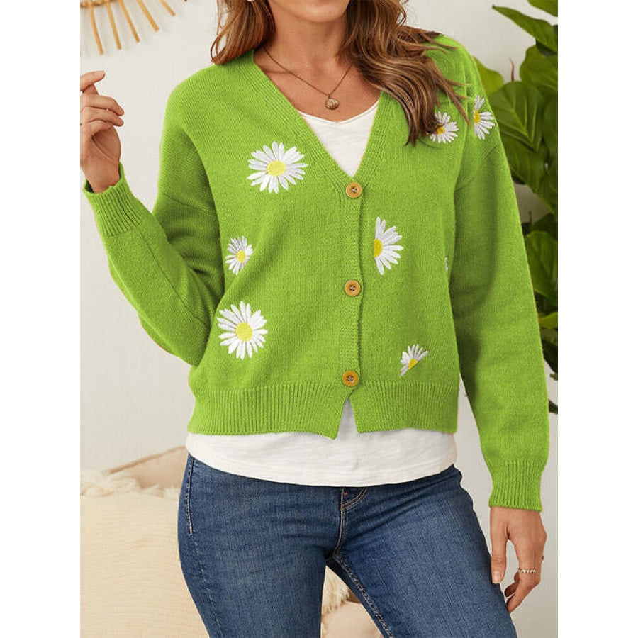 Flower Button Front Dropped Shoulder Cardigan