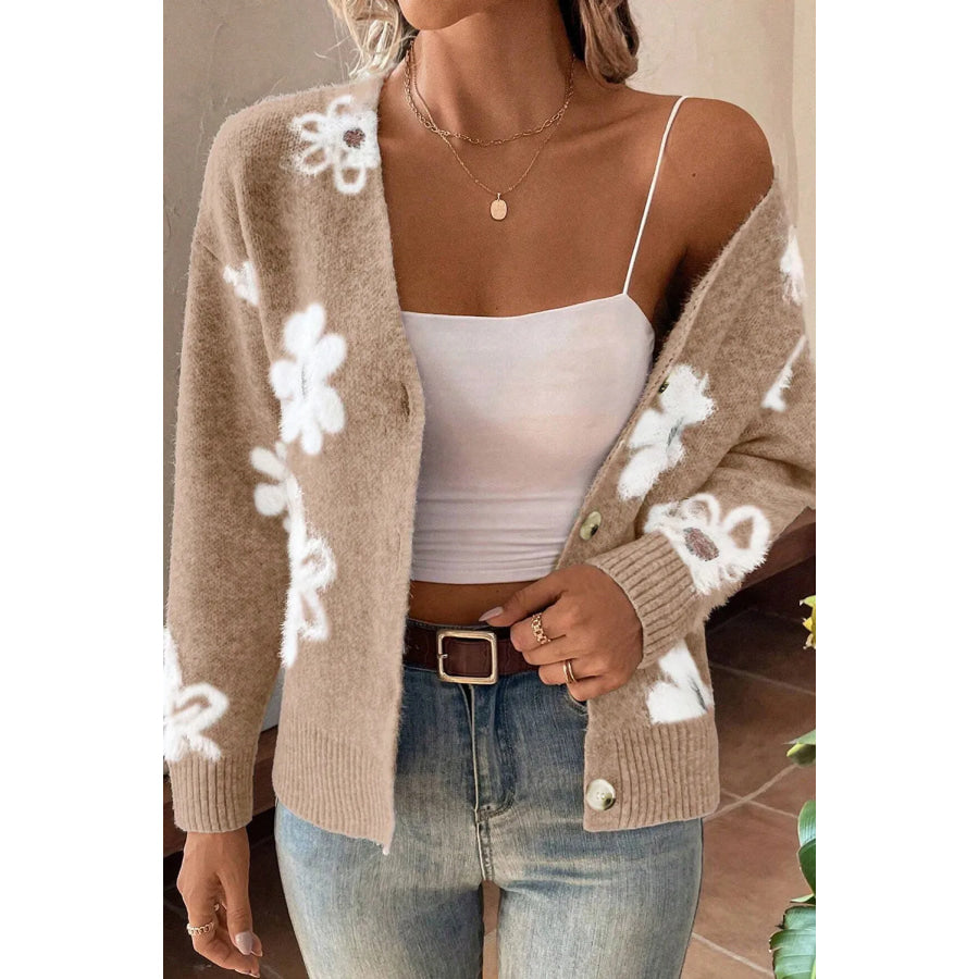 Flower Button Up Long Sleeve Cardigan Apparel and Accessories