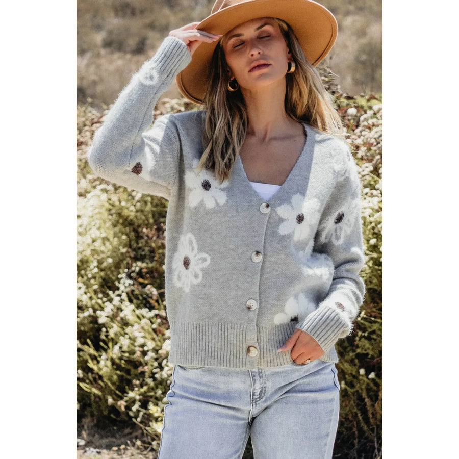 Flower Button Up Long Sleeve Cardigan Apparel and Accessories