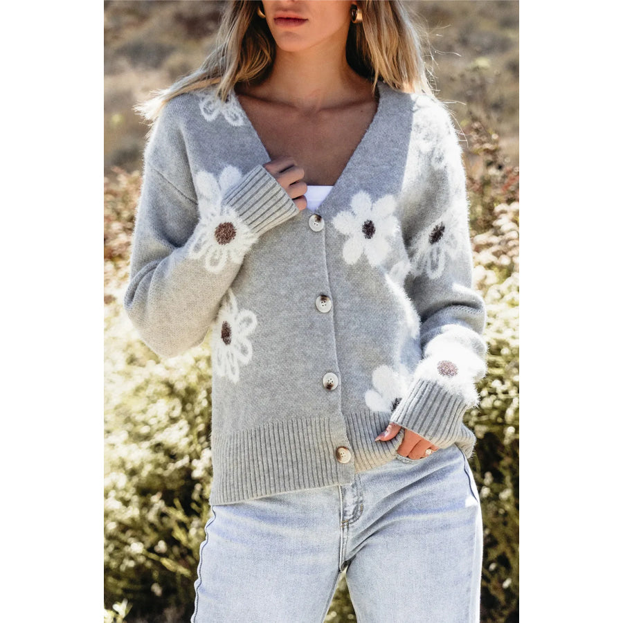 Flower Button Up Long Sleeve Cardigan Gray / S Apparel and Accessories