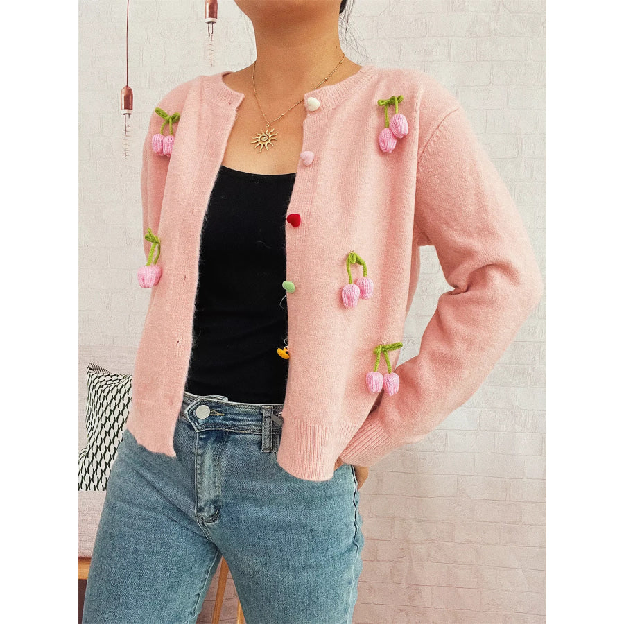 Flower Button Up Long Sleeve Cardigan Pink / One Size Apparel and Accessories